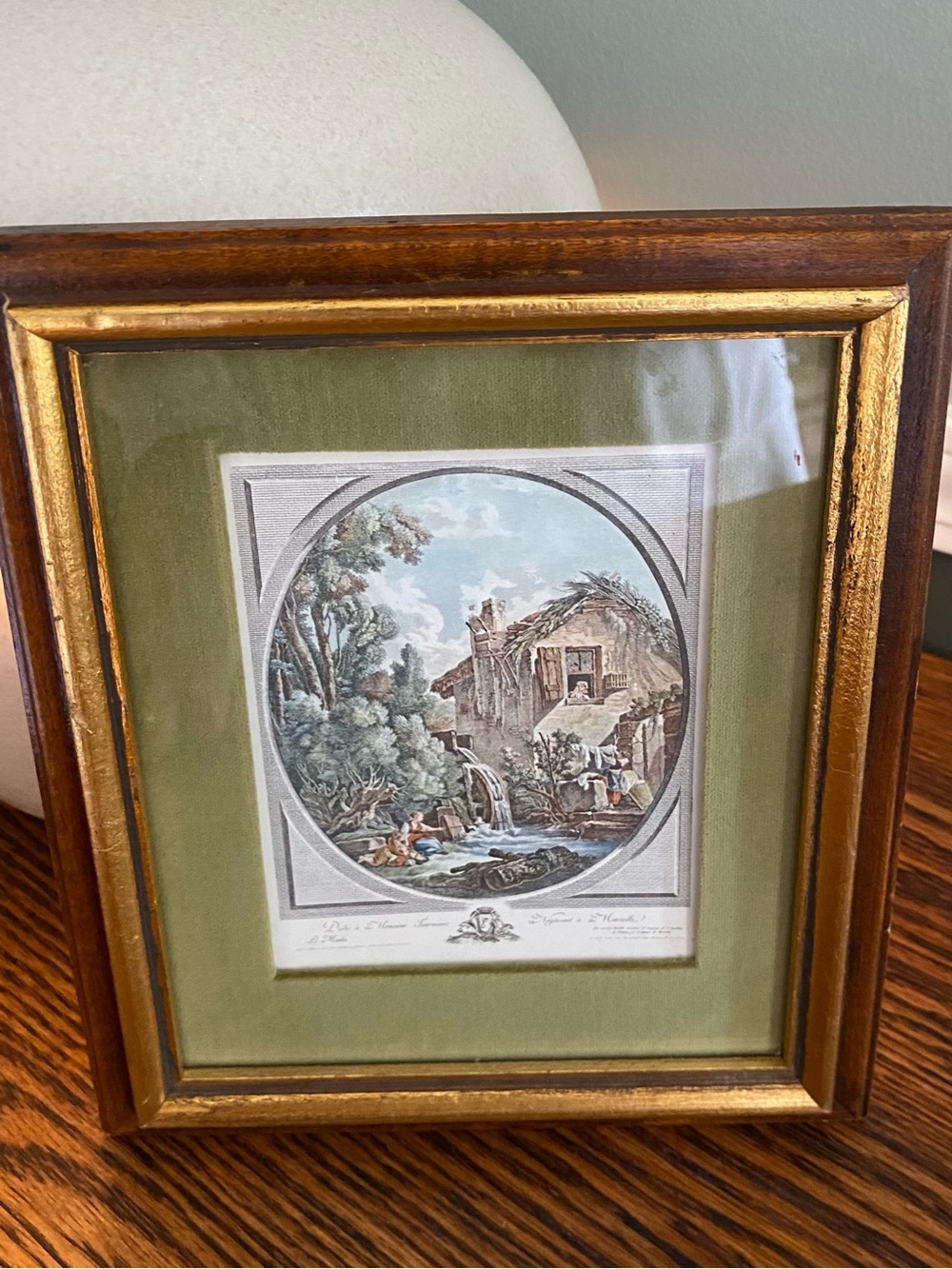 Vintage Fleck Bros Wood Framed French Print Green Velvet Mat